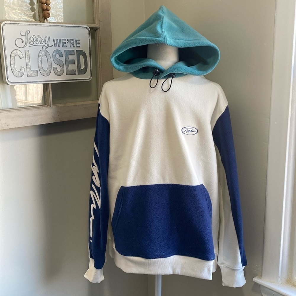 Topman Signature Fleece Hoodie In Ecru Blue Turquoise NWT